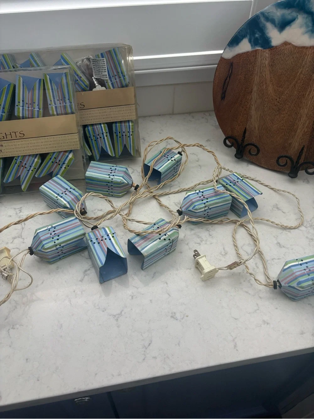 3 new sets Cost Plus World Market Cabana String Lights – Cool Stripes Blue/Green